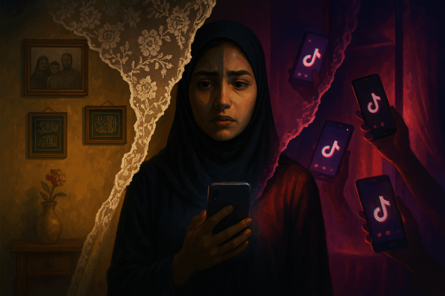 الصورة تُجسد الصراع بين الحياء والتقليد، بين البيت والترند.